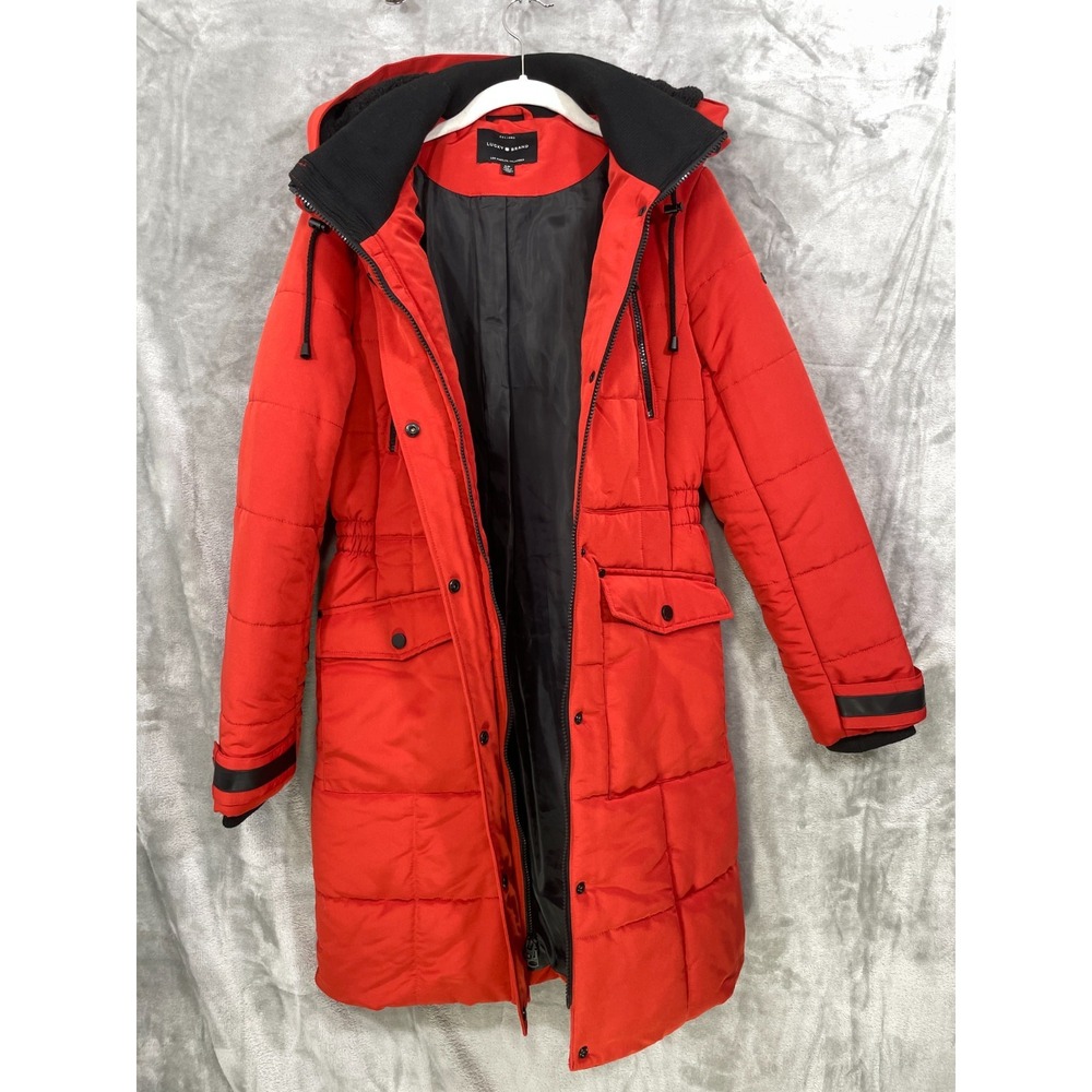 Lucky Brand Women's Small Parka Long Puffer Coat in Red Hooded Insulated - Picture 4 of 15